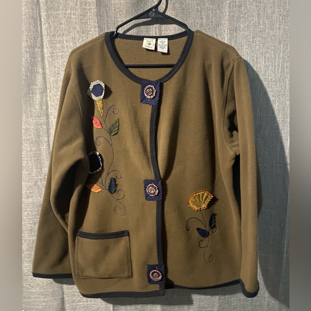 Vtg Onque Casuals Floral Embroidered Jacket Cardigan Sz M Olive Flower Buttons